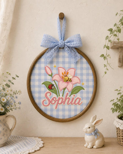 Personalized Embroidered Flower Ornament, Custom Baby Name Hoop, Lily Bee Nursery Decor, Floral Baby Girl Gift, Newborn Keepsake