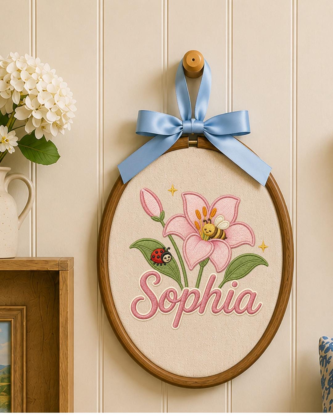 Personalized Embroidered Flower Ornament, Custom Baby Name Hoop, Lily Bee Nursery Decor, Floral Baby Girl Gift, Newborn Keepsake