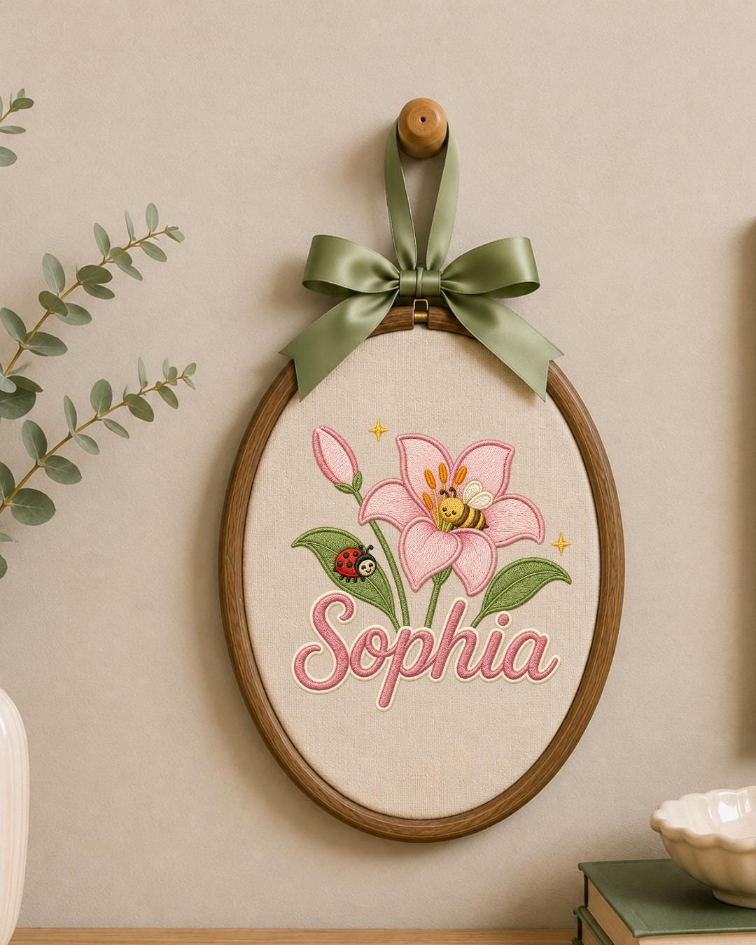 Personalized Embroidered Flower Ornament, Custom Baby Name Hoop, Lily Bee Nursery Decor, Floral Baby Girl Gift, Newborn Keepsake