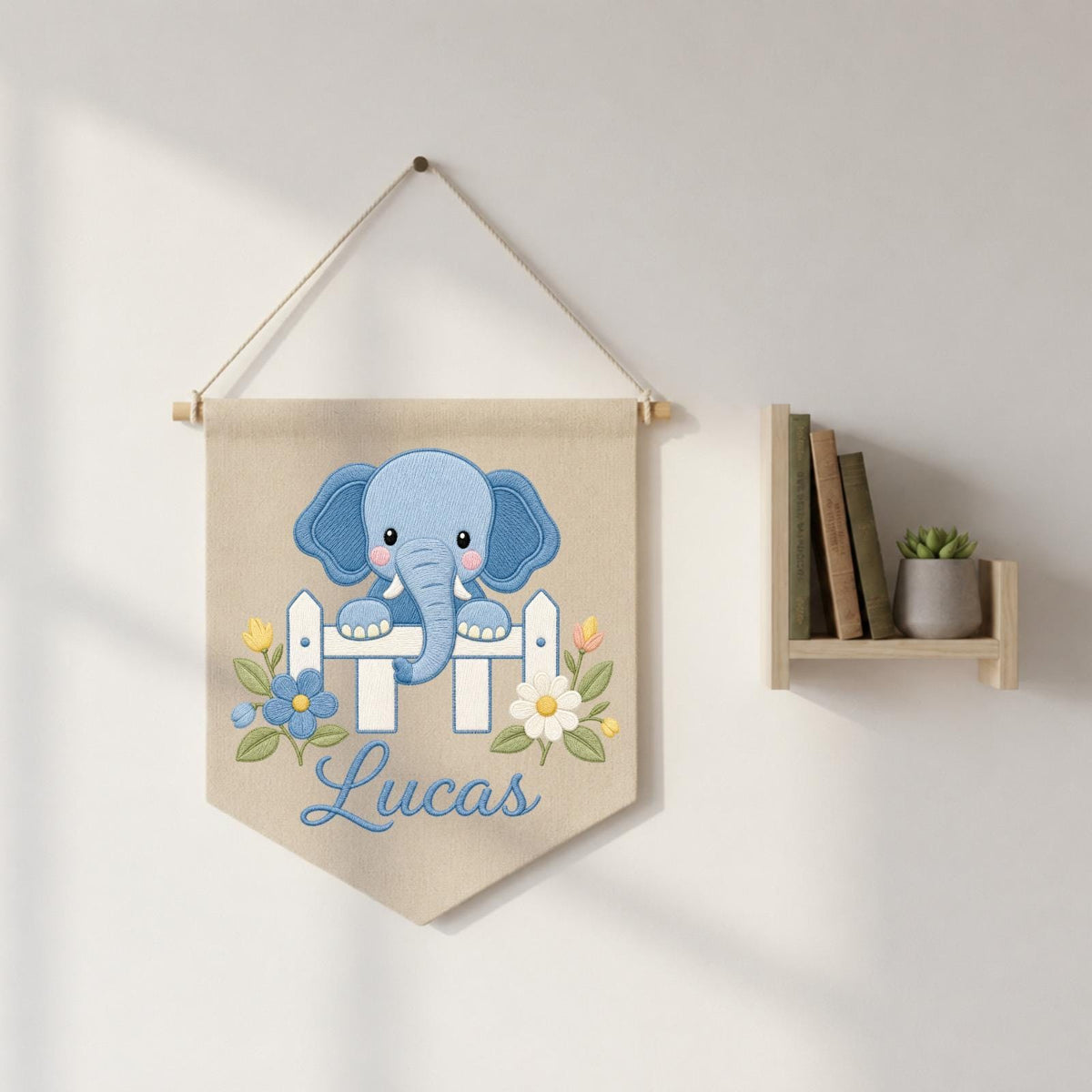 Personalized Embroidered Elephant Wall Hanging Banner, Custom Baby Name Sign, Floral Nursery Decor, Baby Shower Gift, Kids Room Decor