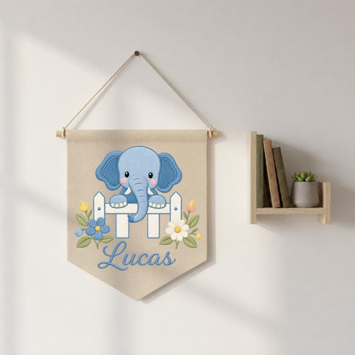 Personalized Embroidered Elephant Wall Hanging Banner, Custom Baby Name Sign, Floral Nursery Decor, Baby Shower Gift, Kids Room Decor