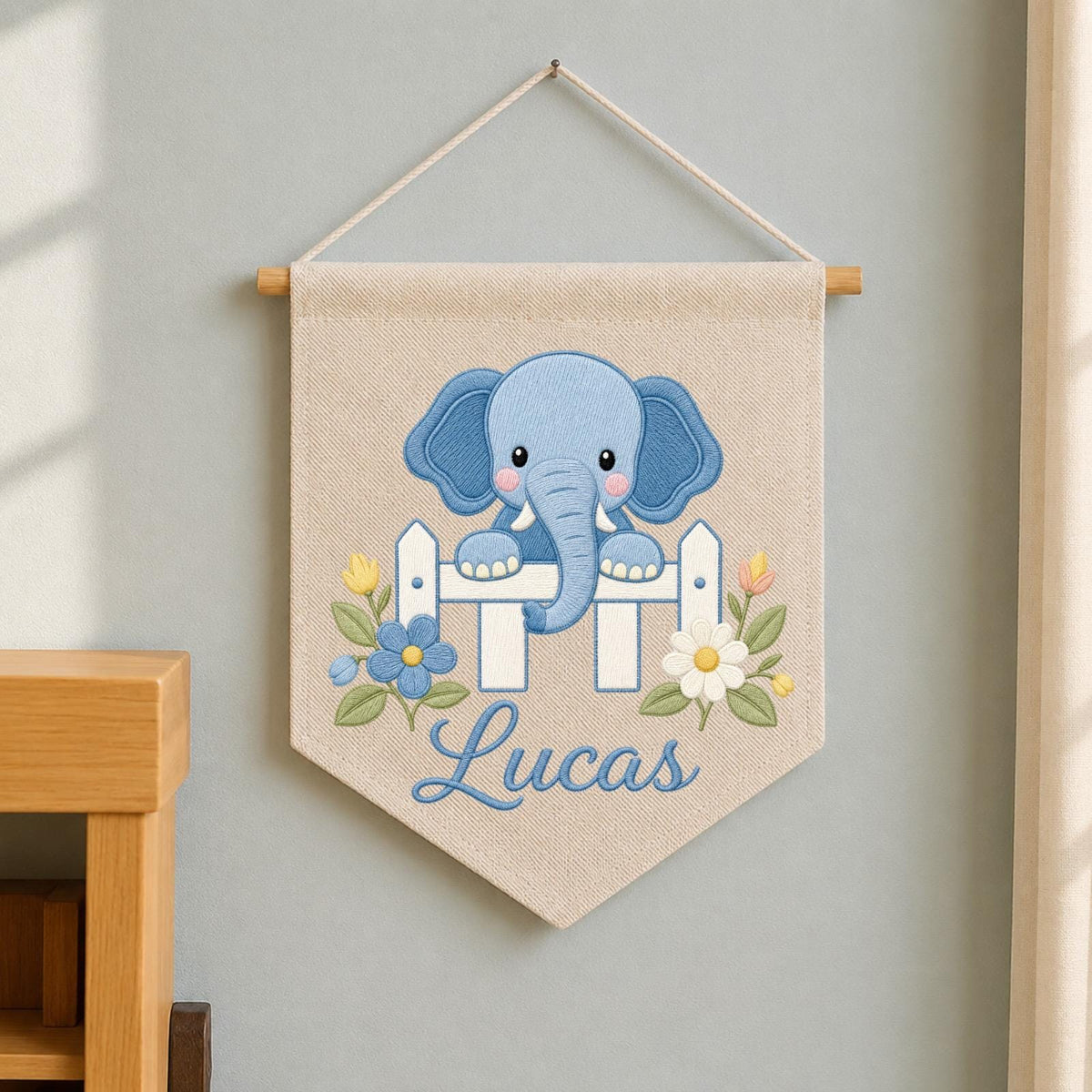 Personalized Embroidered Elephant Wall Hanging Banner, Custom Baby Name Sign, Floral Nursery Decor, Baby Shower Gift, Kids Room Decor