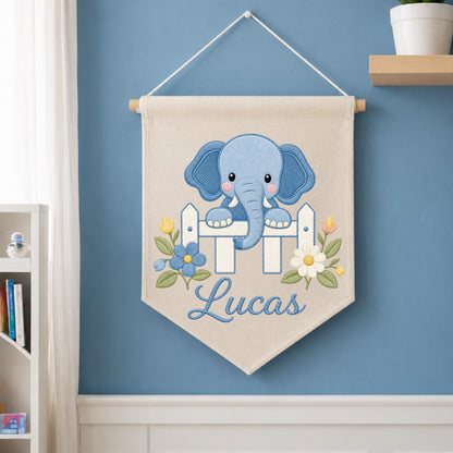 Personalized Embroidered Elephant Wall Hanging Banner, Custom Baby Name Sign, Floral Nursery Decor, Baby Shower Gift, Kids Room Decor