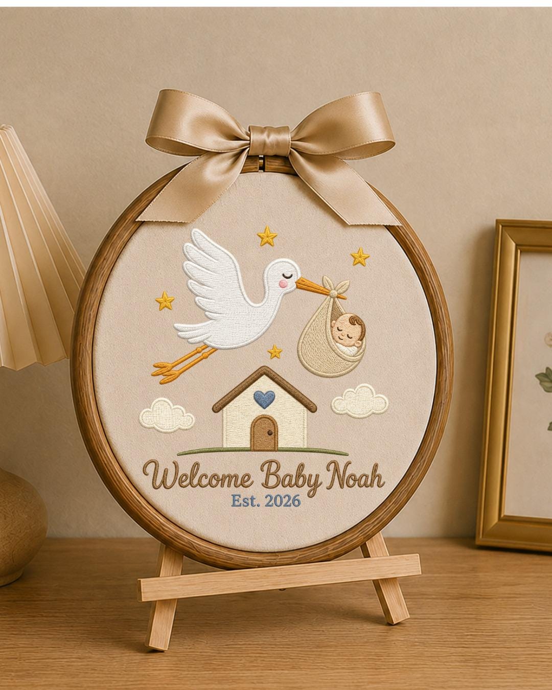 Personalized Embroidered Baby Announcement Ornament, Custom Baby Name Stork Hoop, Welcome Baby Nursery Decor, Newborn Keepsake Gift