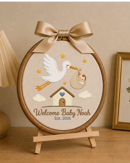 Personalized Embroidered Baby Announcement Ornament, Custom Baby Name Stork Hoop, Welcome Baby Nursery Decor, Newborn Keepsake Gift