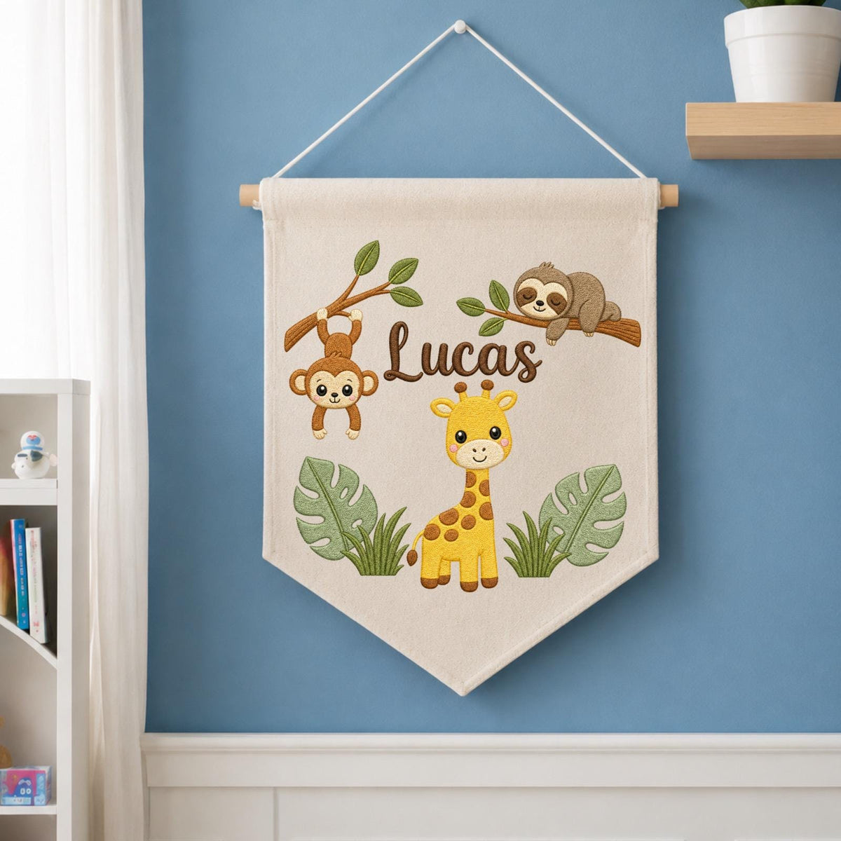 Personalized Embroidered Safari Animals Wall Hanging Banner, Custom Baby Name Sign, Jungle Nursery Decor, Baby Shower Gift