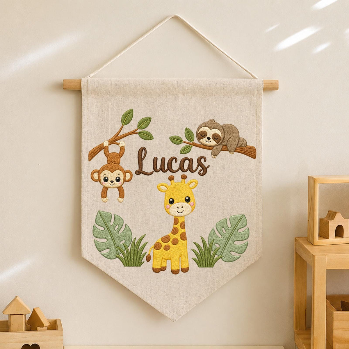 Personalized Embroidered Safari Animals Wall Hanging Banner, Custom Baby Name Sign, Jungle Nursery Decor, Baby Shower Gift