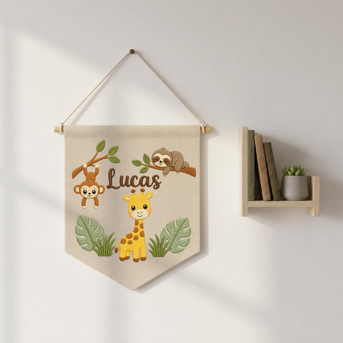 Personalized Embroidered Safari Animals Wall Hanging Banner, Custom Baby Name Sign, Jungle Nursery Decor, Baby Shower Gift