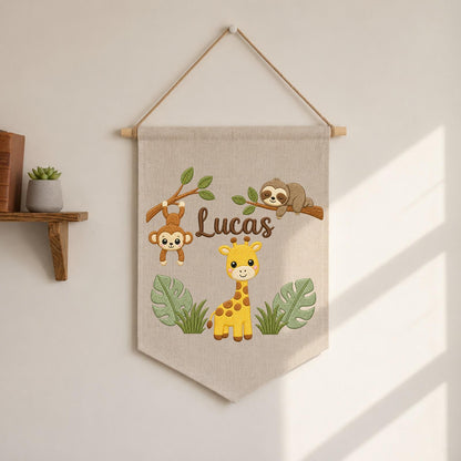 Personalized Embroidered Safari Animals Wall Hanging Banner, Custom Baby Name Sign, Jungle Nursery Decor, Baby Shower Gift