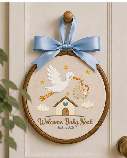 Personalized Embroidered Baby Announcement Ornament, Custom Baby Name Stork Hoop, Welcome Baby Nursery Decor, Newborn Keepsake Gift