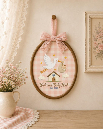 Personalized Embroidered Baby Announcement Ornament, Custom Baby Name Stork Hoop, Welcome Baby Nursery Decor, Newborn Keepsake Gift