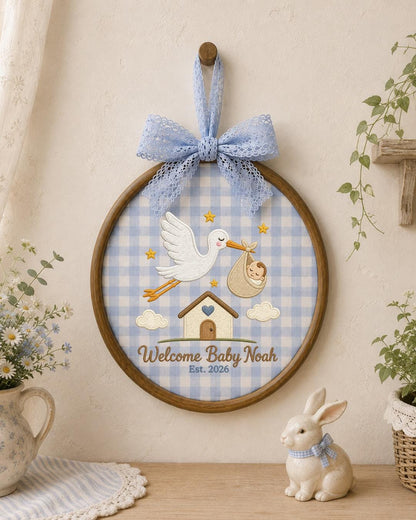 Personalized Embroidered Baby Announcement Ornament, Custom Baby Name Stork Hoop, Welcome Baby Nursery Decor, Newborn Keepsake Gift