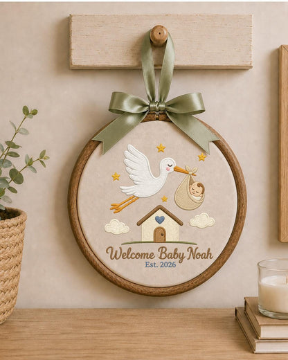 Personalized Embroidered Baby Announcement Ornament, Custom Baby Name Stork Hoop, Welcome Baby Nursery Decor, Newborn Keepsake Gift