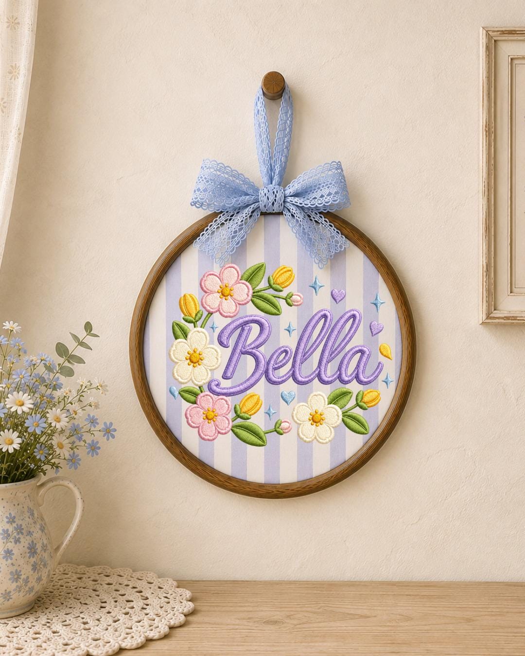 Personalized Embroidered Floral Name Ornament, Custom Baby Name Hoop, Flower Nursery Wall Decor, Baby Girl Gift, Newborn Keepsake