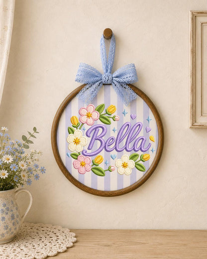 Personalized Embroidered Floral Name Ornament, Custom Baby Name Hoop, Flower Nursery Wall Decor, Baby Girl Gift, Newborn Keepsake