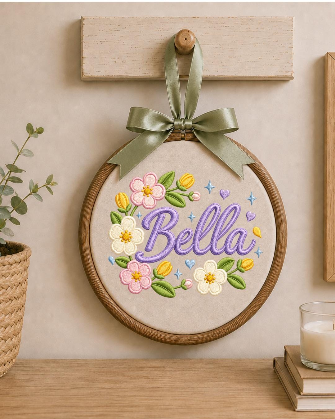 Personalized Embroidered Floral Name Ornament, Custom Baby Name Hoop, Flower Nursery Wall Decor, Baby Girl Gift, Newborn Keepsake