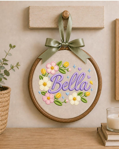 Personalized Embroidered Floral Name Ornament, Custom Baby Name Hoop, Flower Nursery Wall Decor, Baby Girl Gift, Newborn Keepsake