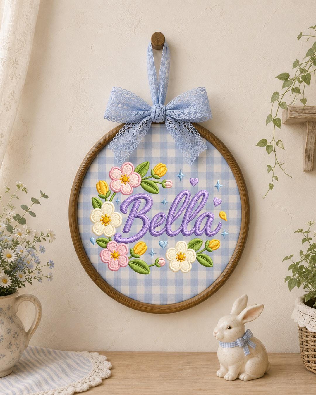 Personalized Embroidered Floral Name Ornament, Custom Baby Name Hoop, Flower Nursery Wall Decor, Baby Girl Gift, Newborn Keepsake