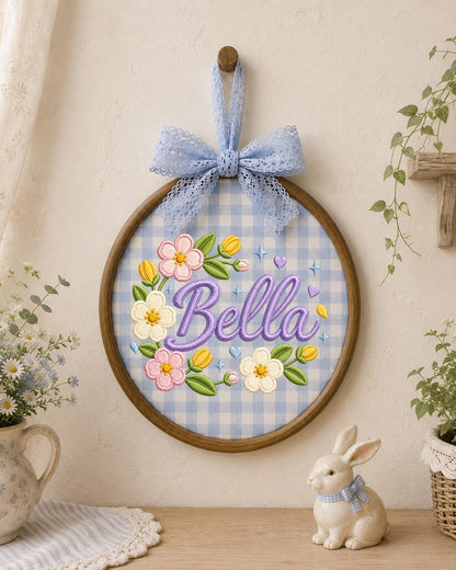 Personalized Embroidered Floral Name Ornament, Custom Baby Name Hoop, Flower Nursery Wall Decor, Baby Girl Gift, Newborn Keepsake