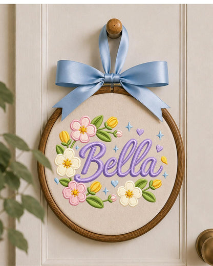 Personalized Embroidered Floral Name Ornament, Custom Baby Name Hoop, Flower Nursery Wall Decor, Baby Girl Gift, Newborn Keepsake