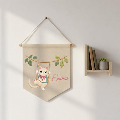 Personalized Embroidered Cat Wall Hanging Banner, Custom Baby Name Sign, Cute Kitten Nursery Decor, Baby Shower Gift, Kids Room Decor