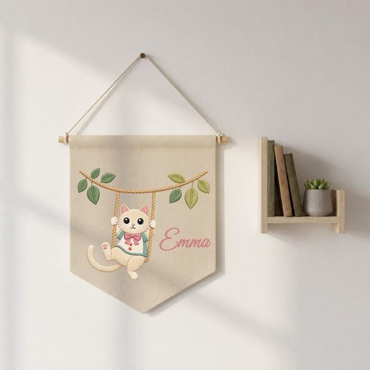 Personalized Embroidered Cat Wall Hanging Banner, Custom Baby Name Sign, Cute Kitten Nursery Decor, Baby Shower Gift, Kids Room Decor