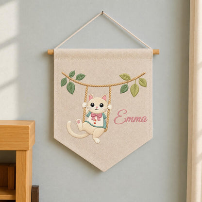 Personalized Embroidered Cat Wall Hanging Banner, Custom Baby Name Sign, Cute Kitten Nursery Decor, Baby Shower Gift, Kids Room Decor