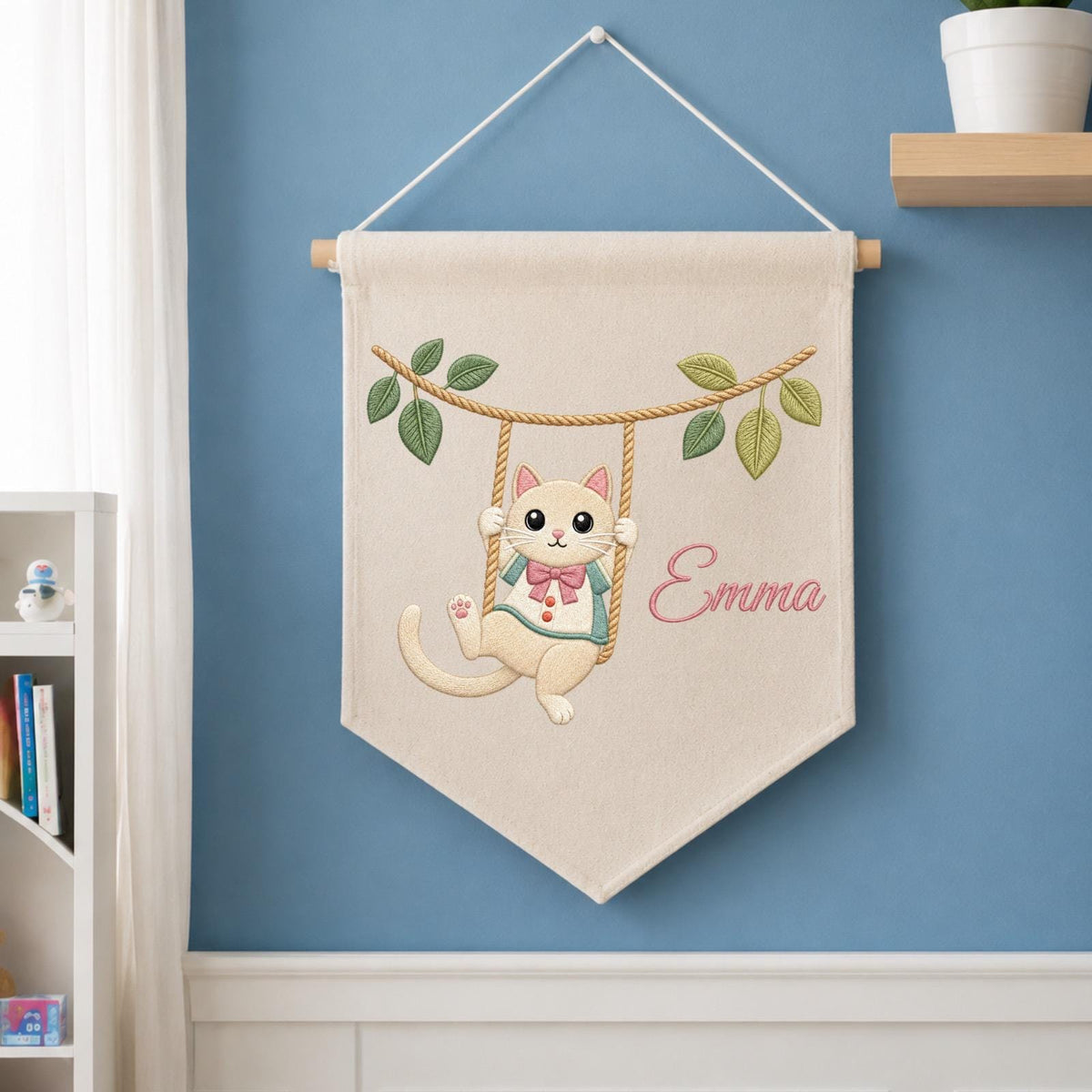 Personalized Embroidered Cat Wall Hanging Banner, Custom Baby Name Sign, Cute Kitten Nursery Decor, Baby Shower Gift, Kids Room Decor