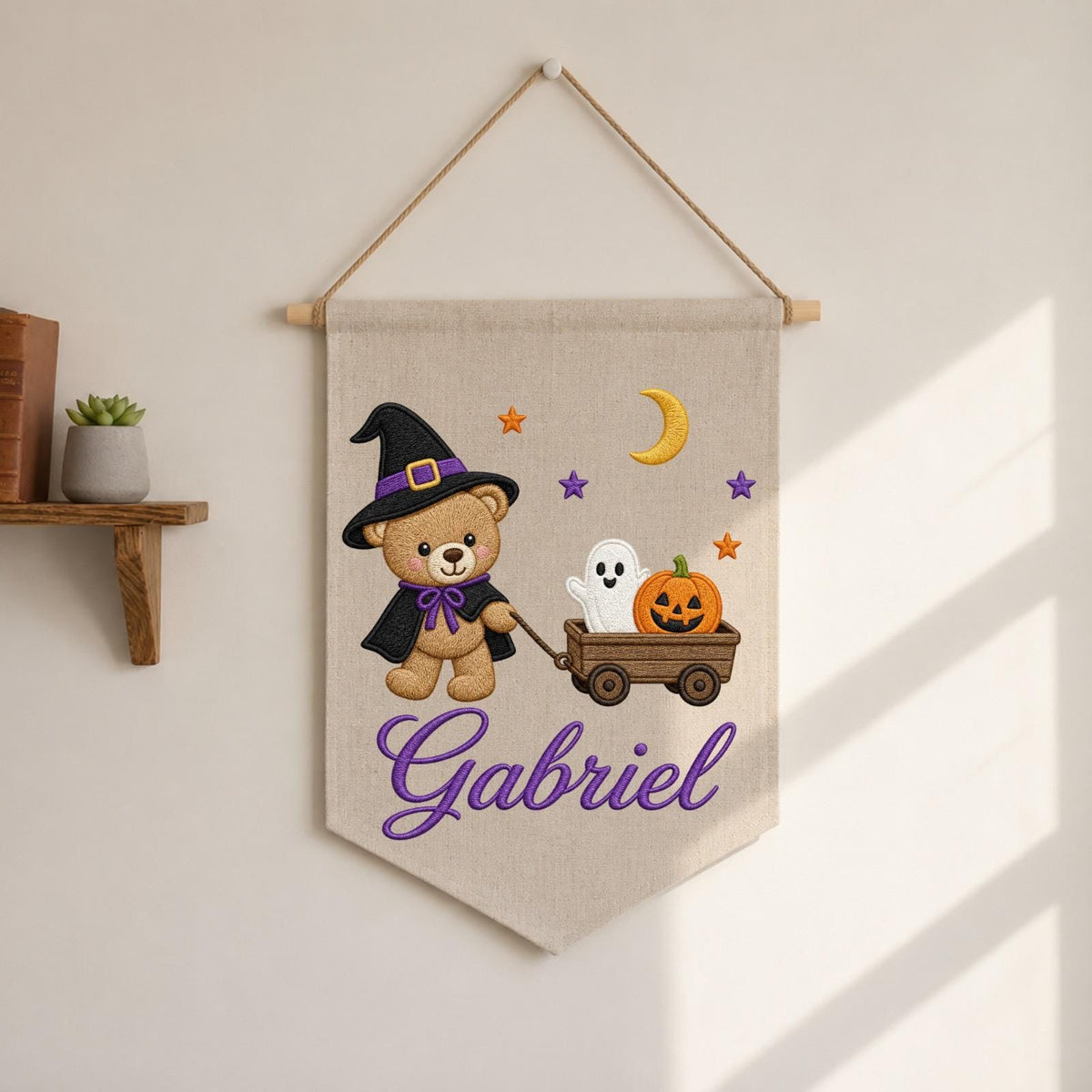 Personalized Embroidered Halloween Wall Hanging Banner, Custom Baby Name Sign, Teddy Bear Witch Decor, Pumpkin Ghost Kids Room