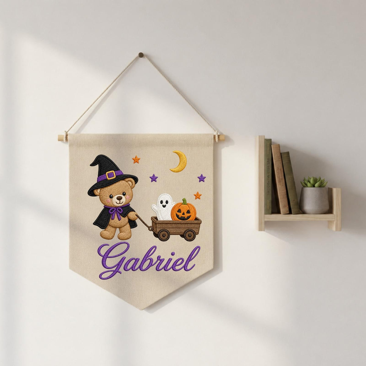 Personalized Embroidered Halloween Wall Hanging Banner, Custom Baby Name Sign, Teddy Bear Witch Decor, Pumpkin Ghost Kids Room