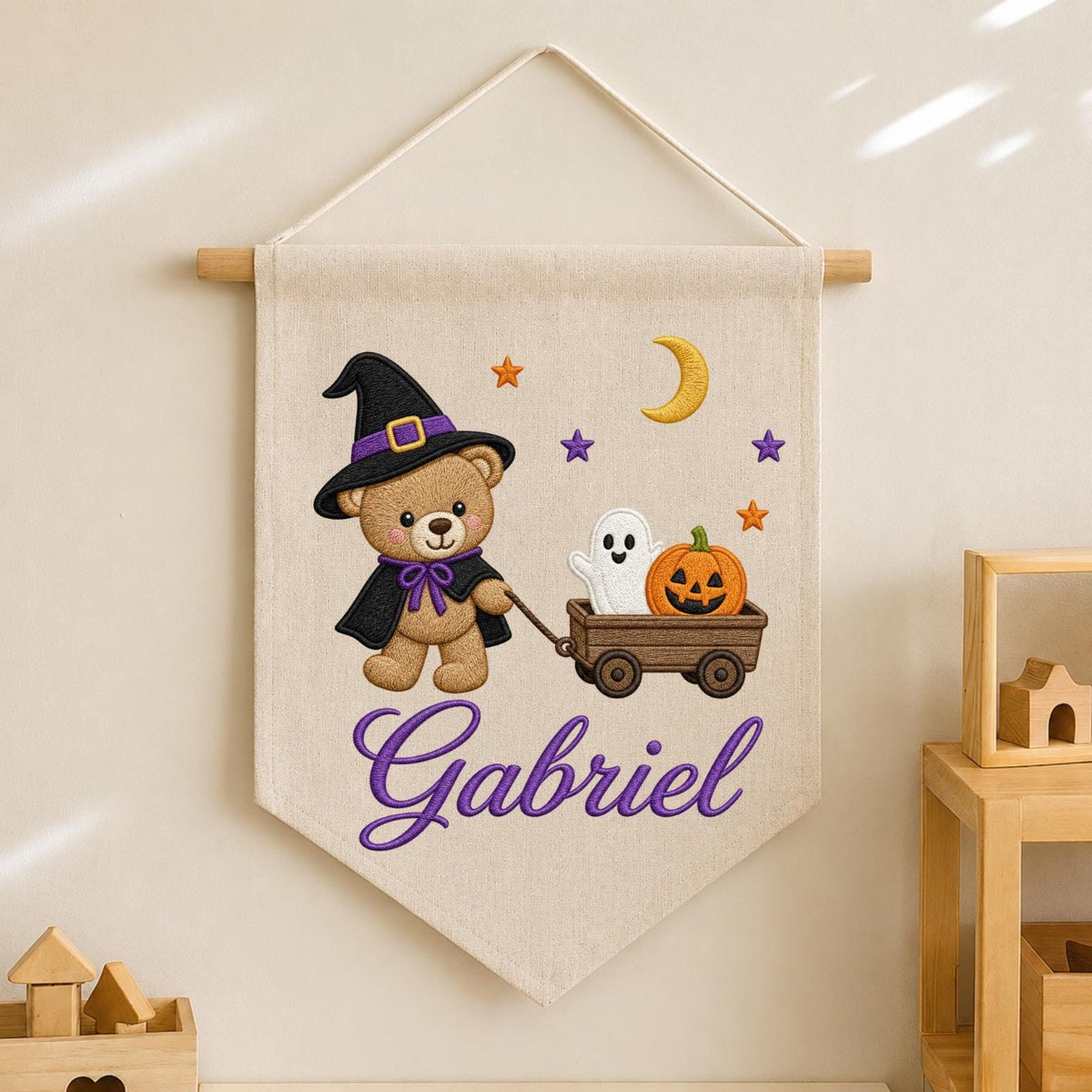 Personalized Embroidered Halloween Wall Hanging Banner, Custom Baby Name Sign, Teddy Bear Witch Decor, Pumpkin Ghost Kids Room