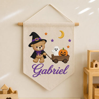 Personalized Embroidered Halloween Wall Hanging Banner, Custom Baby Name Sign, Teddy Bear Witch Decor, Pumpkin Ghost Kids Room