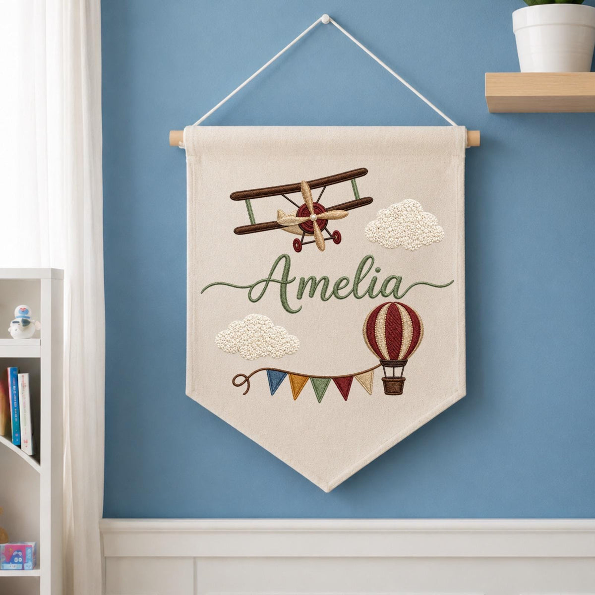 Personalized Embroidered Airplane Wall Hanging Banner, Custom Baby Name Sign, Aviation Nursery Decor, Hot Air Balloon Kids Room Decor