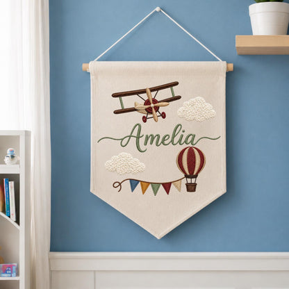 Personalized Embroidered Airplane Wall Hanging Banner, Custom Baby Name Sign, Aviation Nursery Decor, Hot Air Balloon Kids Room Decor