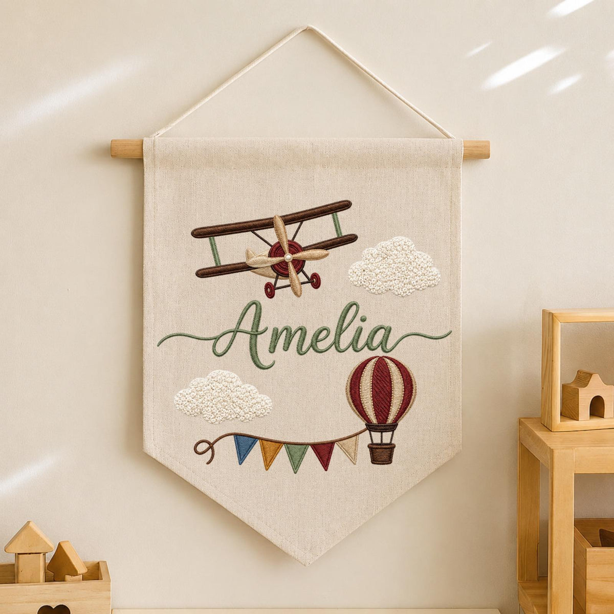 Personalized Embroidered Airplane Wall Hanging Banner, Custom Baby Name Sign, Aviation Nursery Decor, Hot Air Balloon Kids Room Decor