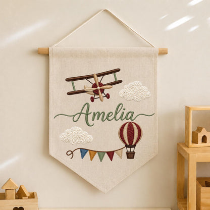 Personalized Embroidered Airplane Wall Hanging Banner, Custom Baby Name Sign, Aviation Nursery Decor, Hot Air Balloon Kids Room Decor