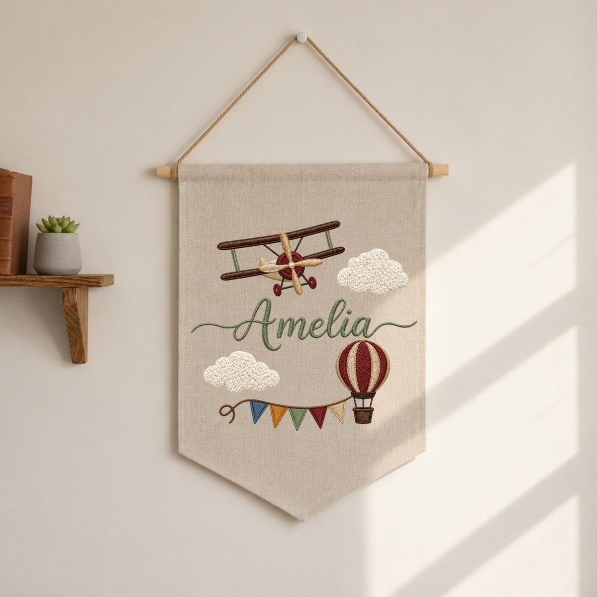 Personalized Embroidered Airplane Wall Hanging Banner, Custom Baby Name Sign, Aviation Nursery Decor, Hot Air Balloon Kids Room Decor