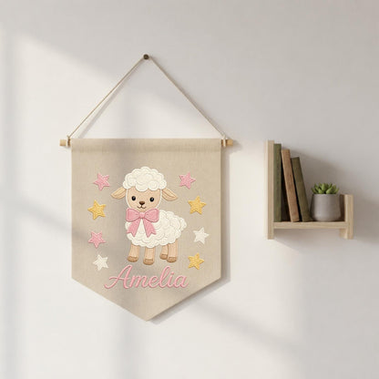 Personalized Embroidered Lamb Wall Hanging Banner, Custom Baby Name Sign, Sheep Nursery Decor, Baby Shower Gift, Baby Girl Room Decor