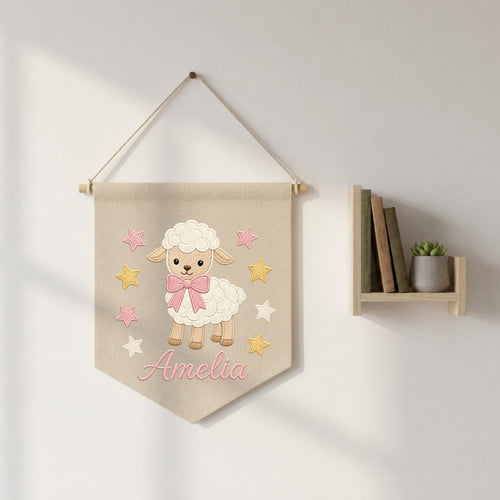 Personalized Embroidered Lamb Wall Hanging Banner, Custom Baby Name Sign, Sheep Nursery Decor, Baby Shower Gift, Baby Girl Room Decor