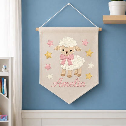 Personalized Embroidered Lamb Wall Hanging Banner, Custom Baby Name Sign, Sheep Nursery Decor, Baby Shower Gift, Baby Girl Room Decor