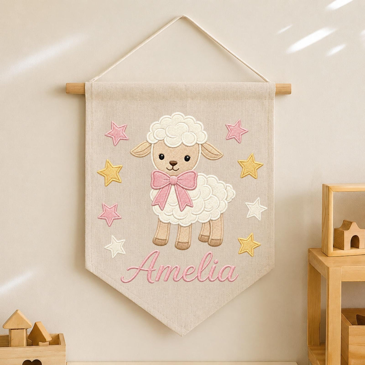Personalized Embroidered Lamb Wall Hanging Banner, Custom Baby Name Sign, Sheep Nursery Decor, Baby Shower Gift, Baby Girl Room Decor