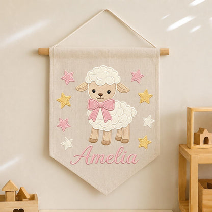 Personalized Embroidered Lamb Wall Hanging Banner, Custom Baby Name Sign, Sheep Nursery Decor, Baby Shower Gift, Baby Girl Room Decor