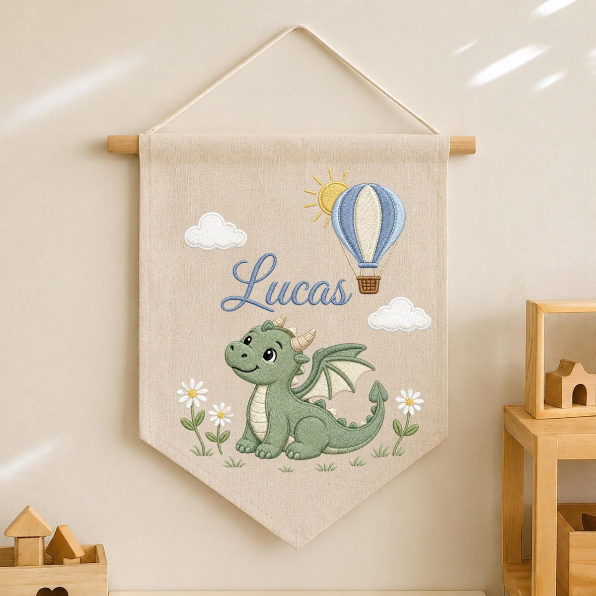 Personalized Embroidered Dragon Wall Hanging Banner, Custom Baby Name Sign, Fantasy Nursery Decor, Hot Air Balloon Kids Room Decor