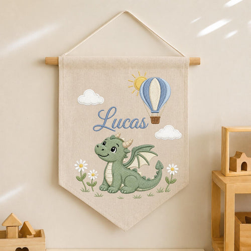 Personalized Embroidered Dragon Wall Hanging Banner, Custom Baby Name Sign, Fantasy Nursery Decor, Hot Air Balloon Kids Room Decor