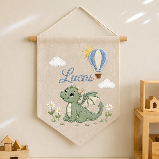 Personalized Embroidered Dragon Wall Hanging Banner, Custom Baby Name Sign, Fantasy Nursery Decor, Hot Air Balloon Kids Room Decor