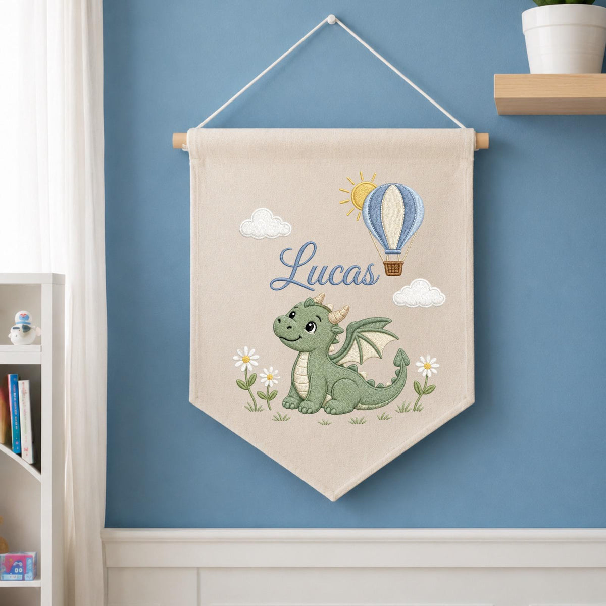 Personalized Embroidered Dragon Wall Hanging Banner, Custom Baby Name Sign, Fantasy Nursery Decor, Hot Air Balloon Kids Room Decor