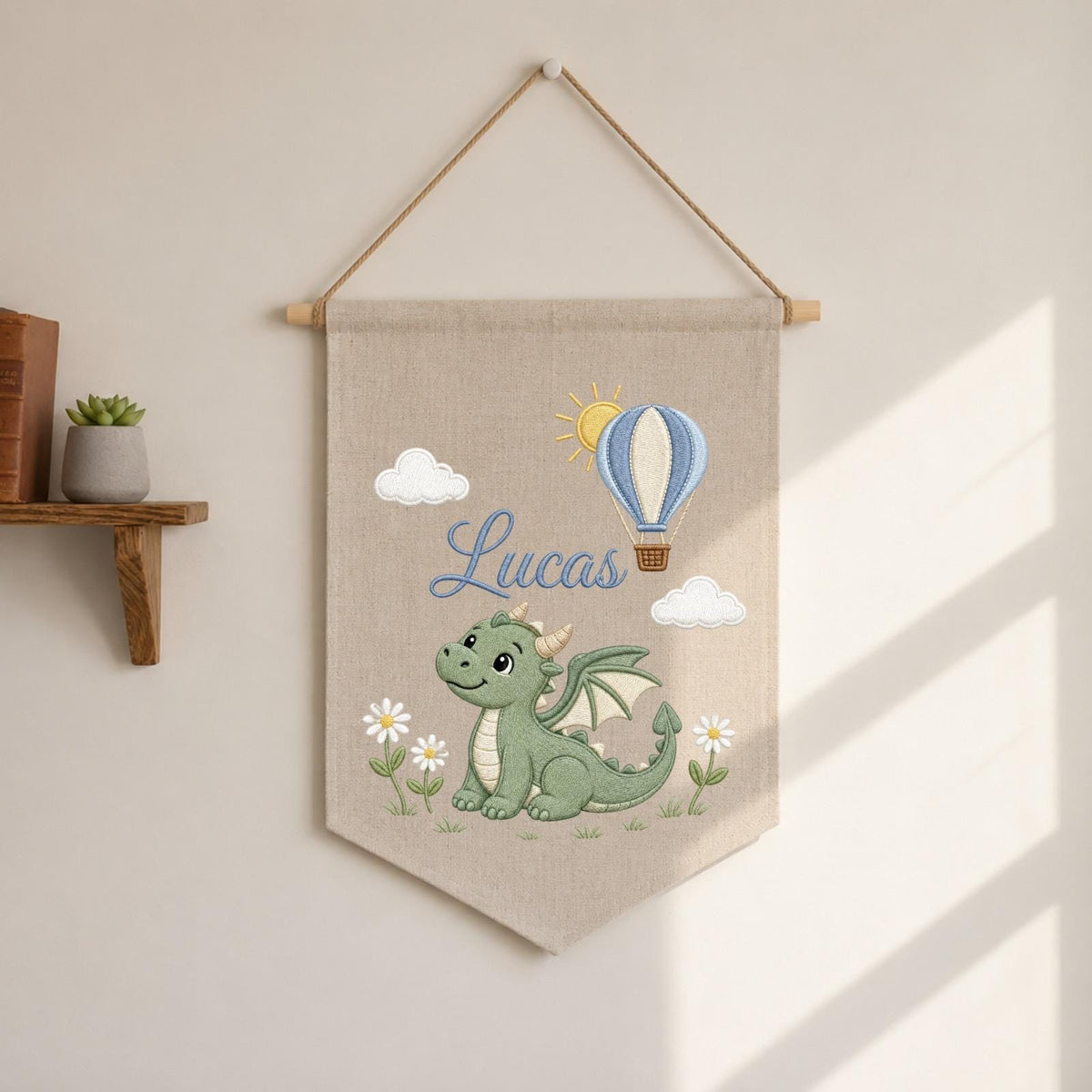 Personalized Embroidered Dragon Wall Hanging Banner, Custom Baby Name Sign, Fantasy Nursery Decor, Hot Air Balloon Kids Room Decor