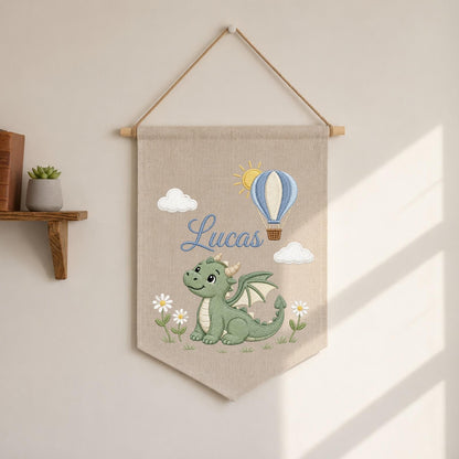Personalized Embroidered Dragon Wall Hanging Banner, Custom Baby Name Sign, Fantasy Nursery Decor, Hot Air Balloon Kids Room Decor