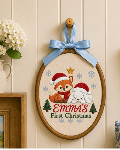 Personalized Embroidered First Christmas Ornament, Custom Baby Name Fox Bunny Hoop, Woodland Christmas Nursery Decor, Baby Keepsake Gift