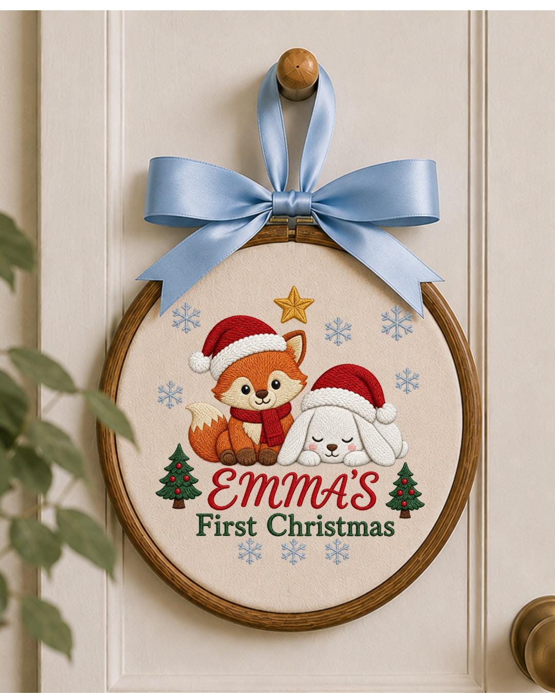 Personalized Embroidered First Christmas Ornament, Custom Baby Name Fox Bunny Hoop, Woodland Christmas Nursery Decor, Baby Keepsake Gift